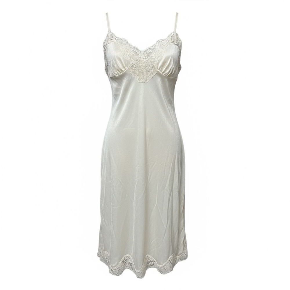 Illusion Beige Lace Trim Slip Dress Lingerie Vintage Style Very Silky